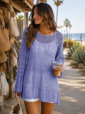 Jasmine by K.V.M. Cotton Crochet Tunic Sweater M Periwinkle Coastal Beach Boho